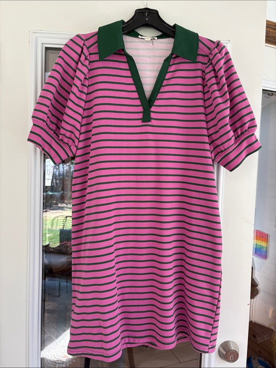 entro Dresses & Skirts - entro Pink and Dark Green Striped Polo Mini Dress with pockets